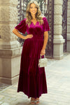 KaleaBoutique Velvet Short Sleeve Shirred Waist Tiered Maxi Dress - KaleaBoutique.com