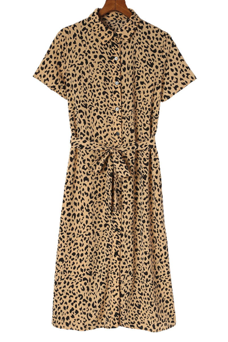 KaleaBoutique Leopard Turn-Down Collar Slit Midi Dress - KaleaBoutique.com