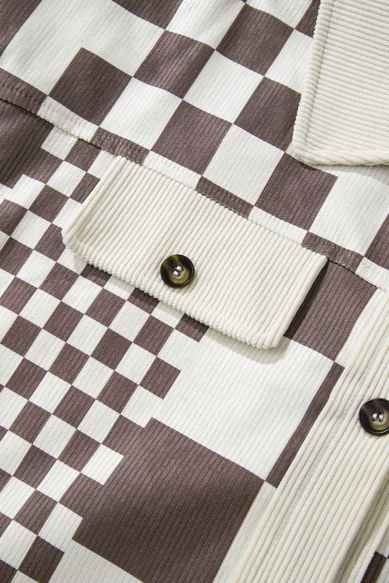 KaleaBoutique Checkered Print Patchwork Corduroy Shacket - KaleaBoutique.com