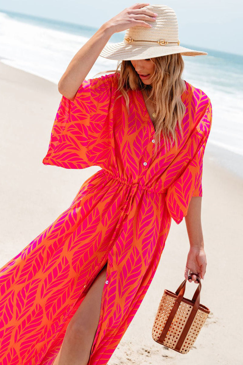 KaleaBoutique Leafy Print 3/4 Sleeve V Neck Buttoned Split Maxi Dress - KaleaBoutique.com