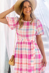 KaleaBoutique Checkered Puff Sleeve Belted Midi Dress - KaleaBoutique.com