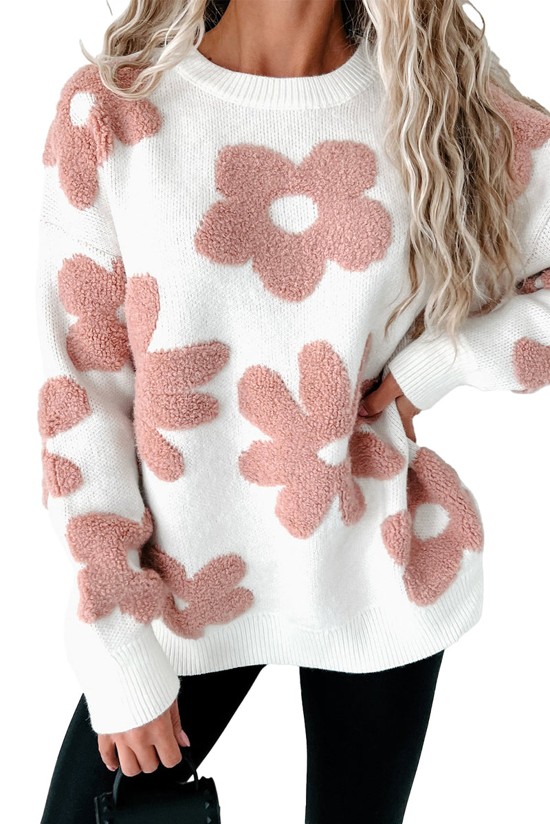 KaleaBoutique Textured Flower Drop Shoulder Loose Sweater - KaleaBoutique.com