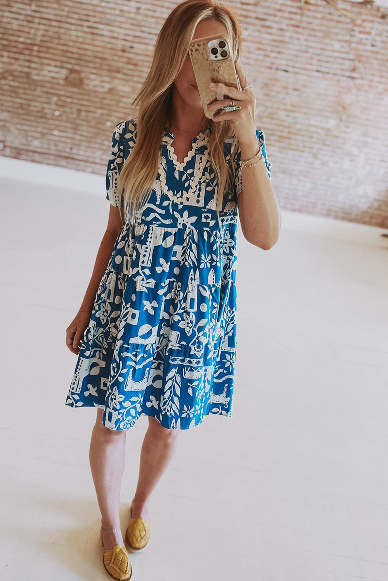 KaleaBoutique Ricrac Trim Split Neck Floral Loose Dress - KaleaBoutique.com