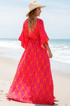 KaleaBoutique Leafy Print 3/4 Sleeve V Neck Buttoned Split Maxi Dress - KaleaBoutique.com