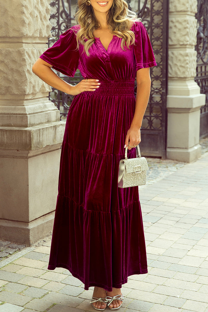 KaleaBoutique Velvet Short Sleeve Shirred Waist Tiered Maxi Dress - KaleaBoutique.com