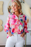 KaleaBoutique Abstract Printed Lantern Sleeve Frilled Button Front Collared Shirt - KaleaBoutique.com