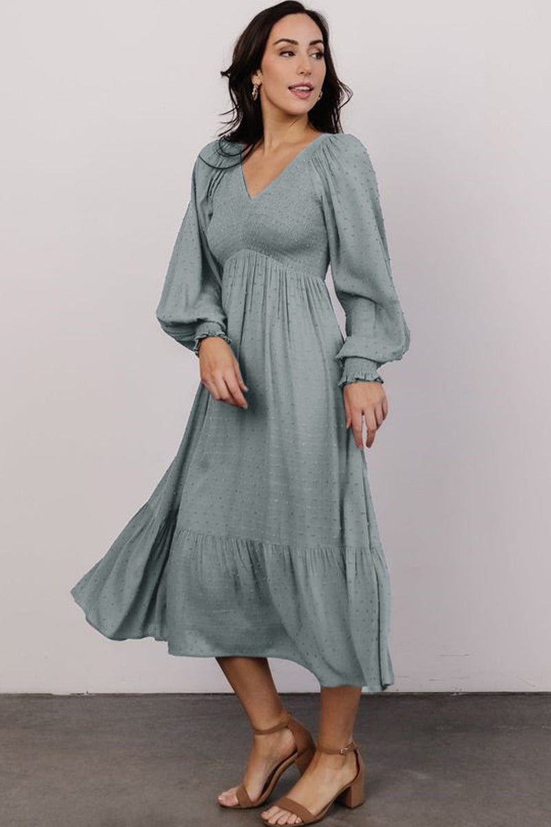 KaleaBoutique Smocked V Neck Swiss Dot Ruffle Long Sleeve Dress - KaleaBoutique.com