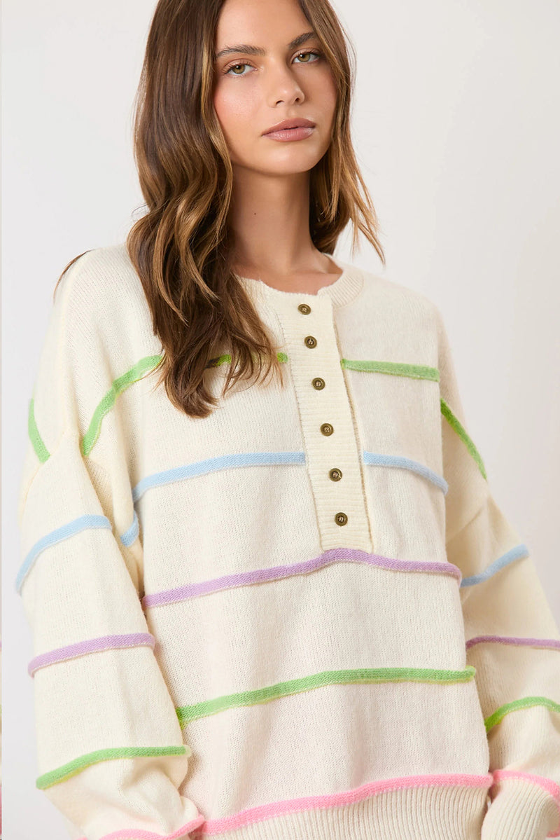 KaleaBoutique Rainbow Stripes Drop Shoulder Baggy Henley Sweater - KaleaBoutique.com