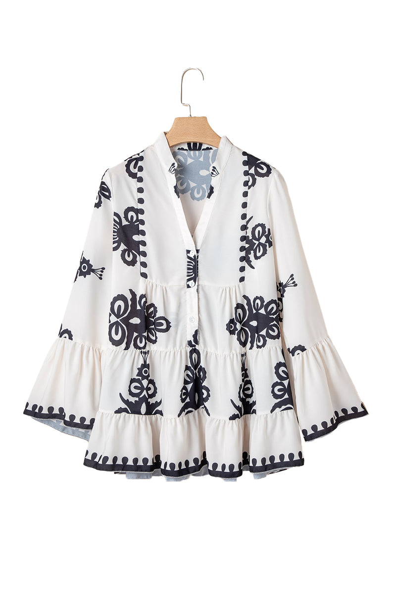 KaleaBoutique Stylish Abstract Printed Bell Sleeve Buttoned Tiered Babydoll Blouse - KaleaBoutique.com