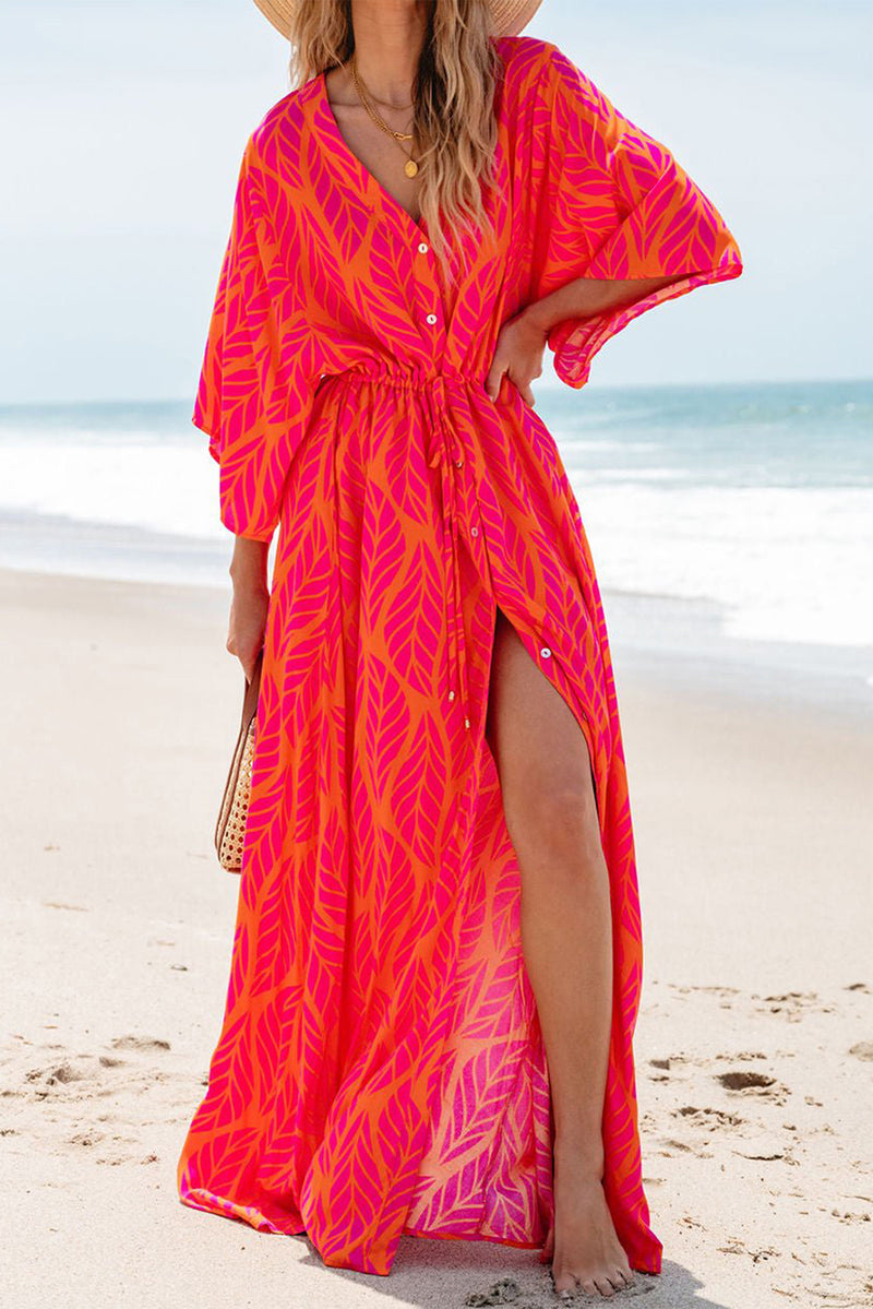 KaleaBoutique Leafy Print 3/4 Sleeve V Neck Buttoned Split Maxi Dress - KaleaBoutique.com