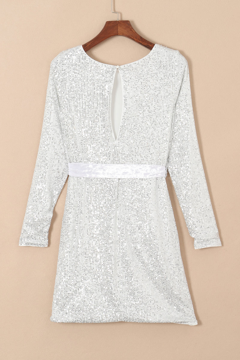 Sequin Long Sleeve Tie Waist Mini Dress - KaleaBoutique.com