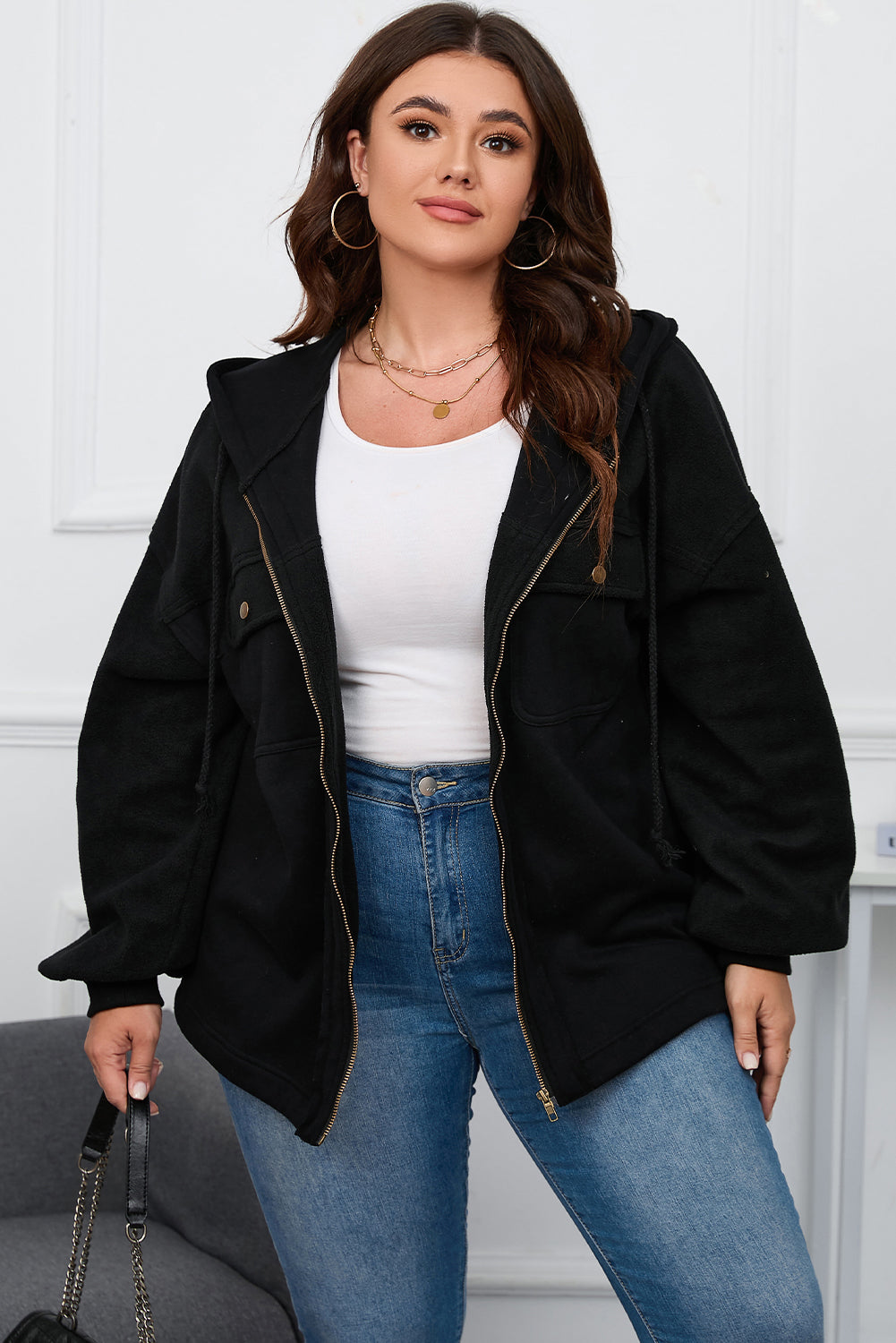 KaleaBoutique Plus Size Bishop Sleeve Zip Up Hooded Jacket - KaleaBoutique.com