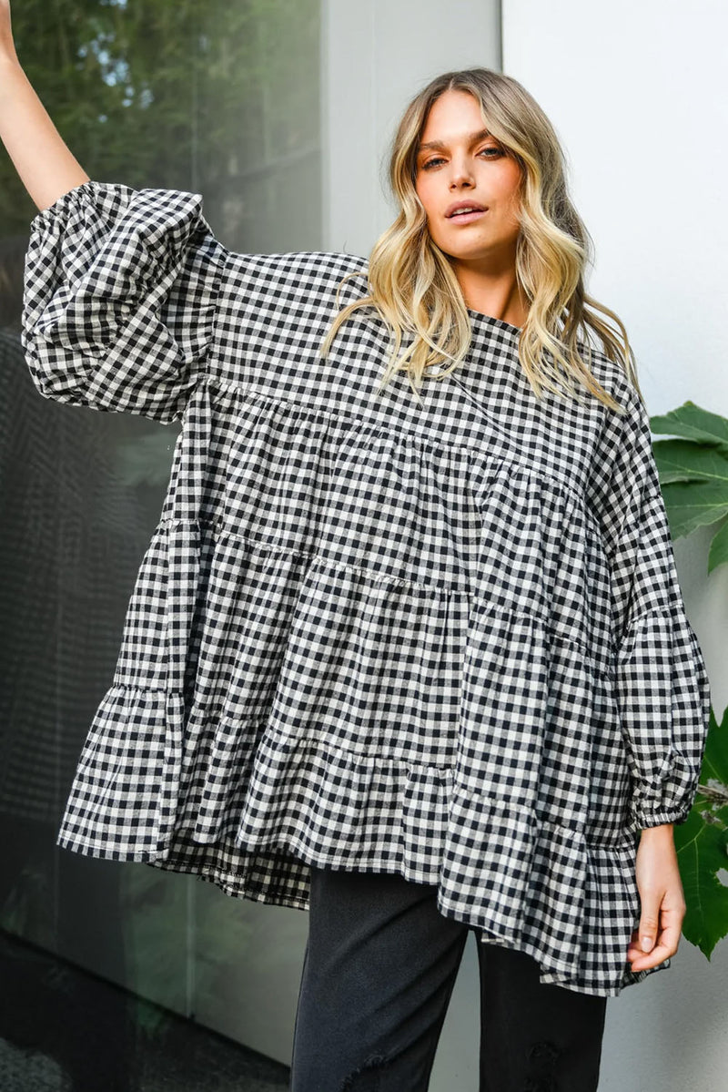 KaleaBoutique Checkered Puff Sleeve Tiered Loose Babydoll Blouse - KaleaBoutique.com