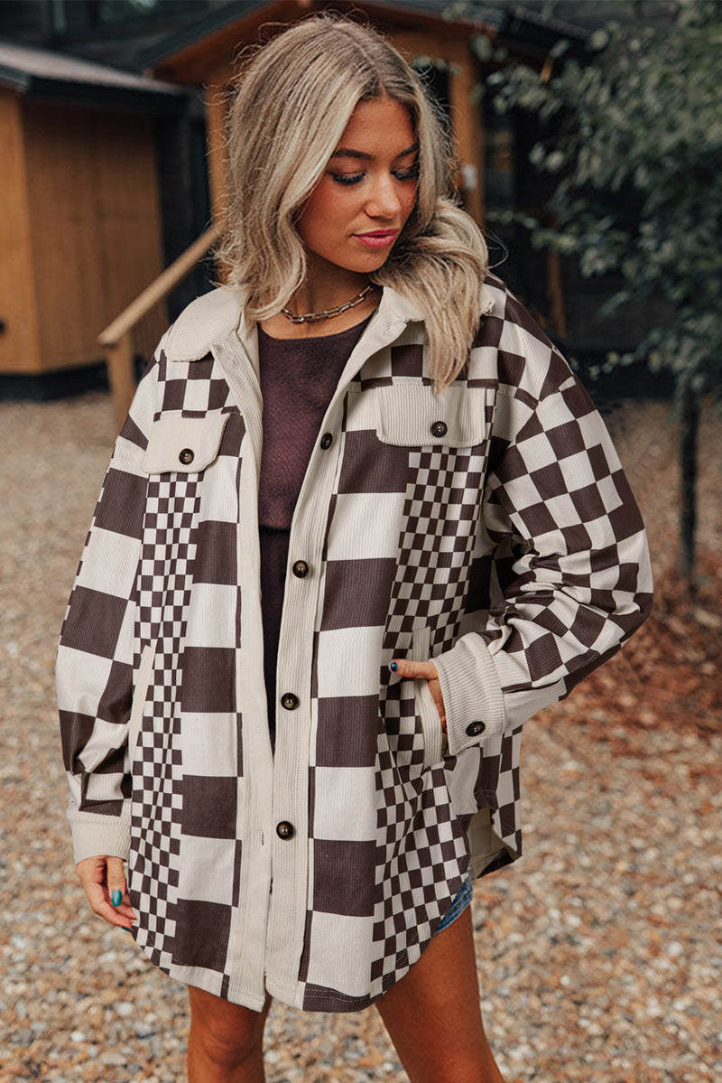 KaleaBoutique Checkered Print Patchwork Corduroy Shacket - KaleaBoutique.com