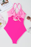 KaleaBoutique Stylish Ric Rac Trim Contrasted Patchwork Cutout One Piece Swimsuit - KaleaBoutique.com