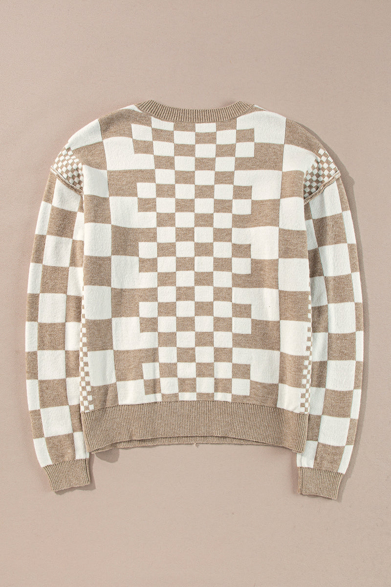 KaleaBoutique Checkered Print Drop Shoulder Round Neck Sweater - KaleaBoutique.com