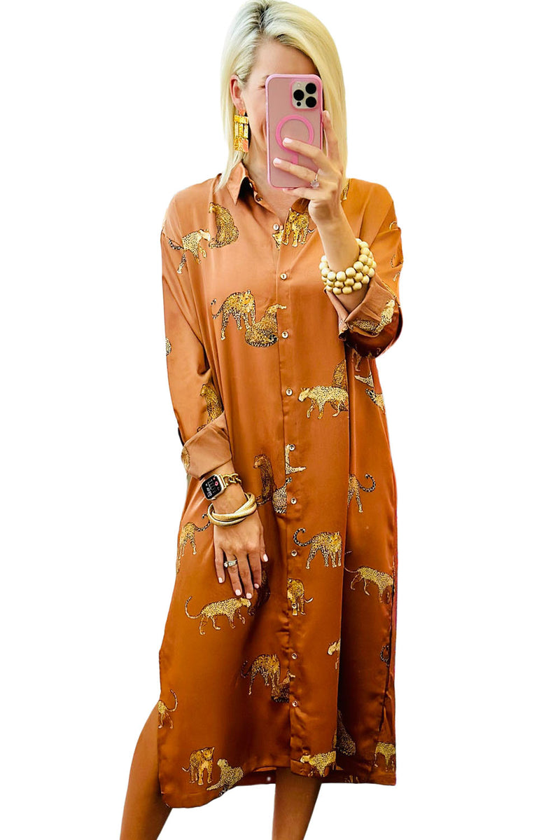 KaleaBoutique Cheetah Print Button-Up Split Shirt Dress - KaleaBoutique.com