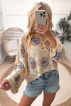 KaleaBoutique Contrast Flower Print Eyelet Drop Shoulder Sweater - KaleaBoutique.com