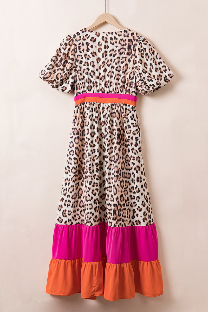 KaleaBoutique Leopard Colorblock Patchwork Bubble Sleeve Maxi Dress - KaleaBoutique.com