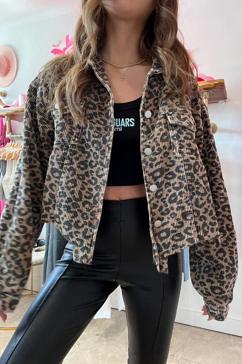 KaleaBoutique Leopard Print Corduroy Irregular Hem Buttoned Jacket - KaleaBoutique.com