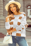 KaleaBoutique Checkered Ribbed Edge O Neck Drop Shoulder Sweater - KaleaBoutique.com