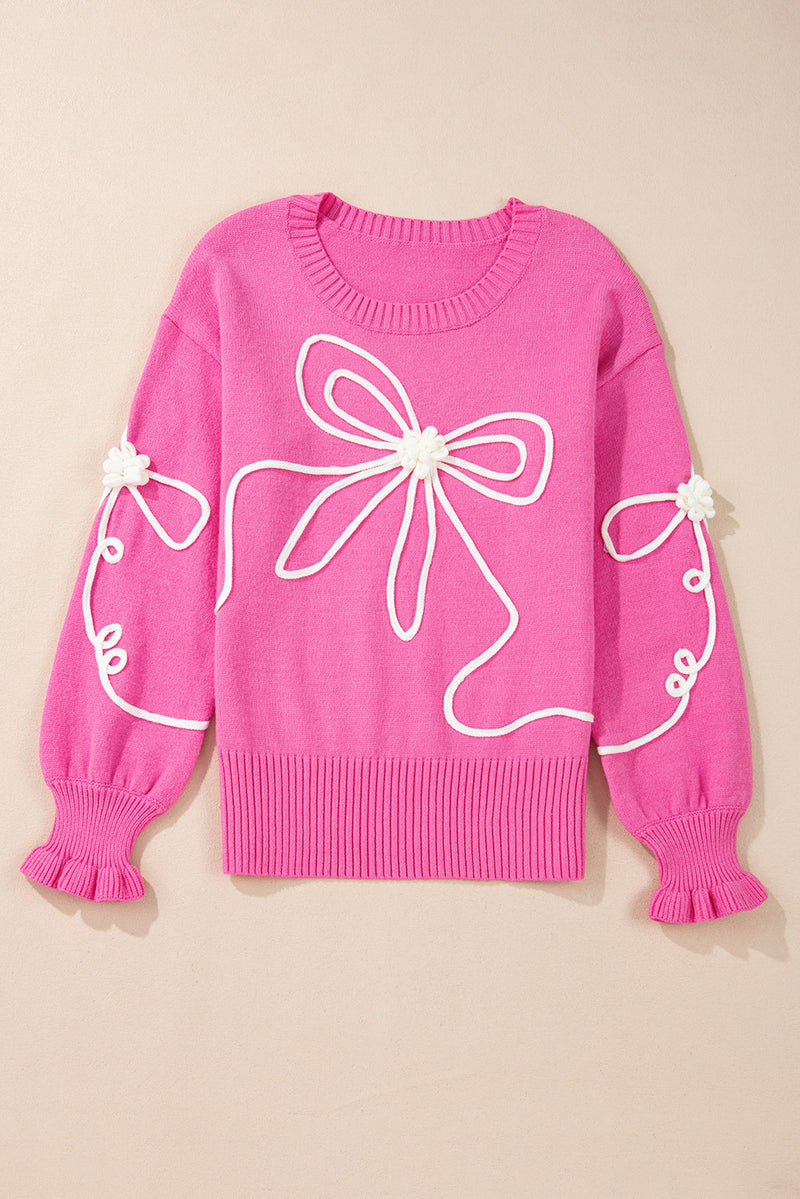 KaleaBoutique Corded Flower Bow Ribbed Trim Casual Sweater - KaleaBoutique.com