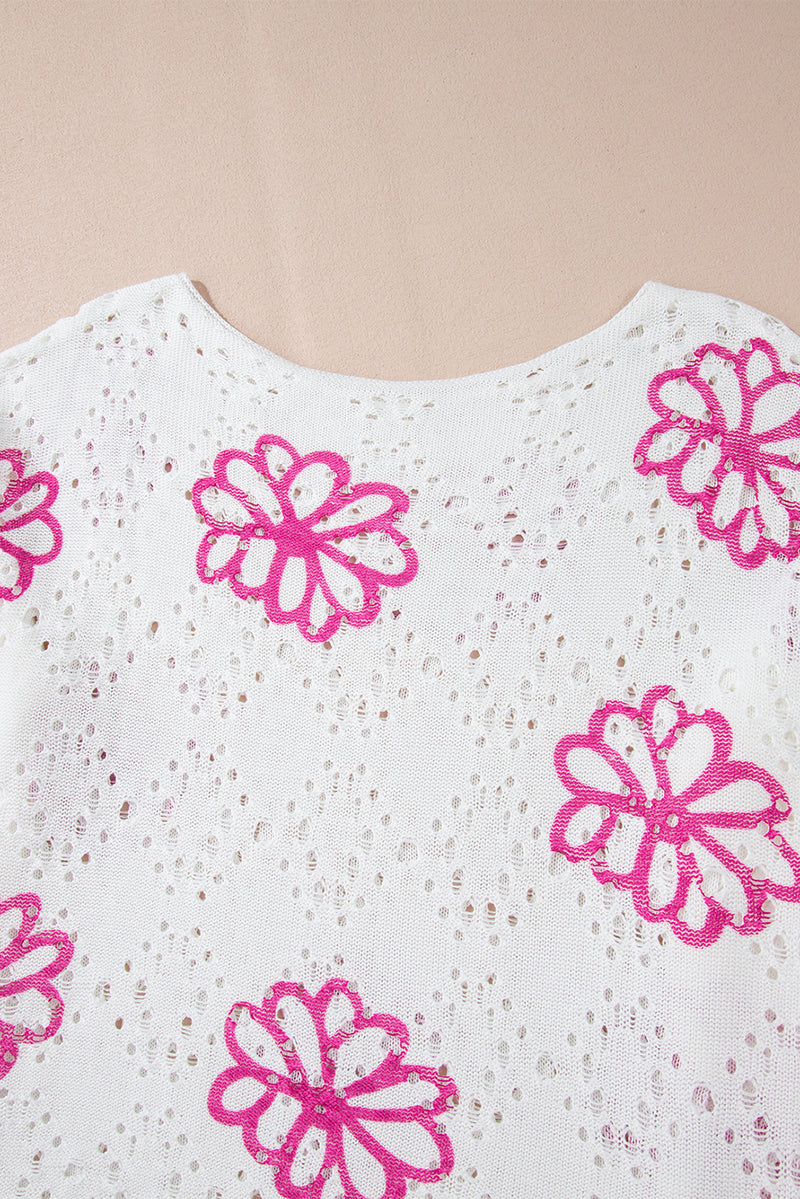 KaleaBoutique Contrast Flower Print Eyelet Drop Shoulder Sweater - KaleaBoutique.com