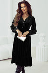 KaleaBoutique Velvet Buttoned Puff Sleeve V Neck Split Midi Dress - KaleaBoutique.com