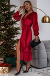 KaleaBoutique Velvet Buttoned Puff Sleeve V Neck Split Midi Dress - KaleaBoutique.com