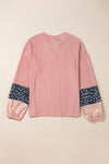 KaleaBoutique Floral Patchwork Textured Knit Drawstring V Neck Blouse - KaleaBoutique.com