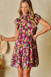 KaleaBoutique Floral Print Ruched Flutter Sleeve Frilled Neck Mini Dress - KaleaBoutique.com