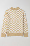 KaleaBoutique Checkered Buttons Collar V Neck Drop Shoulder Sweater - KaleaBoutique.com