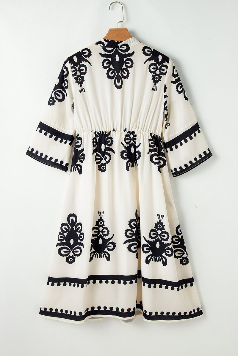 KaleaBoutique Western Geometric Print 3/4 Sleeve Loose Midi Dress - KaleaBoutique.com