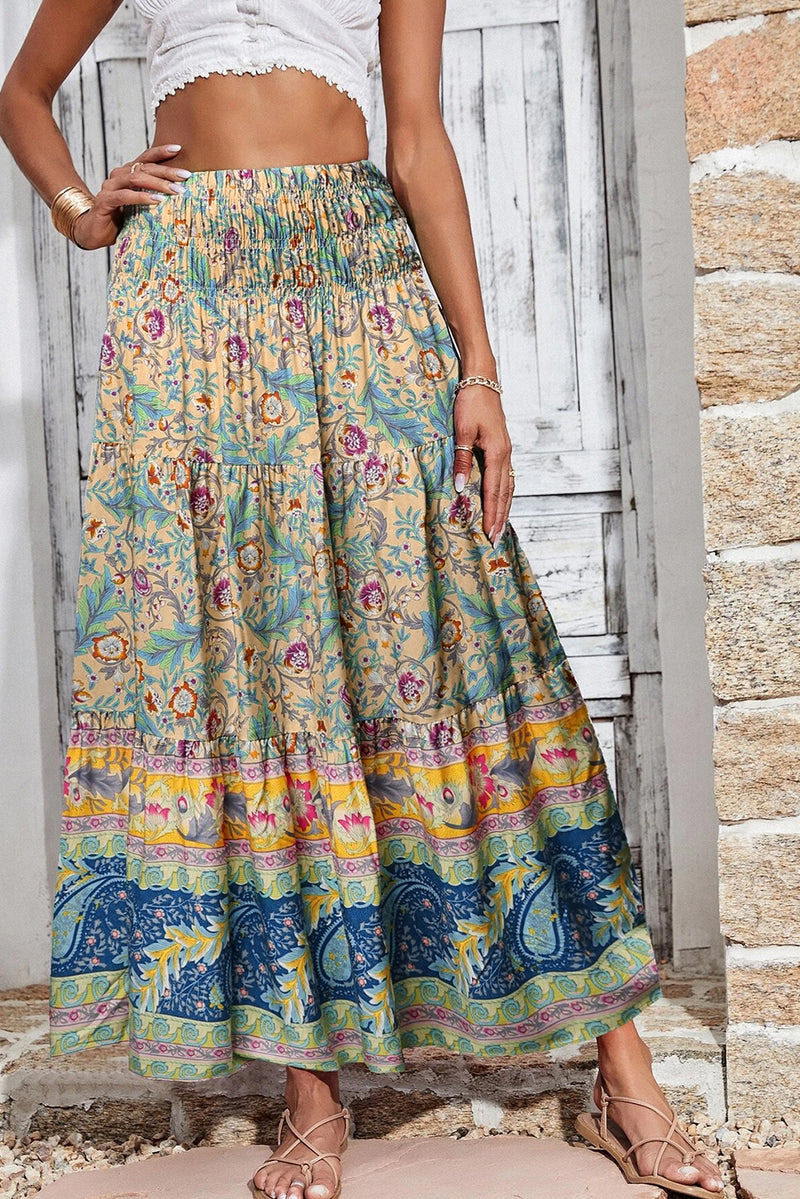 KaleaBoutique Boho Floral & Paisley Print Shirred Waist Long Skirt - KaleaBoutique.com