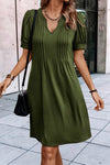 Notched Neck Pleated Puff Sleeve Shift T-shirt Dress - KaleaBoutique.com