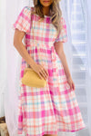 KaleaBoutique Checkered Puff Sleeve Belted Midi Dress - KaleaBoutique.com