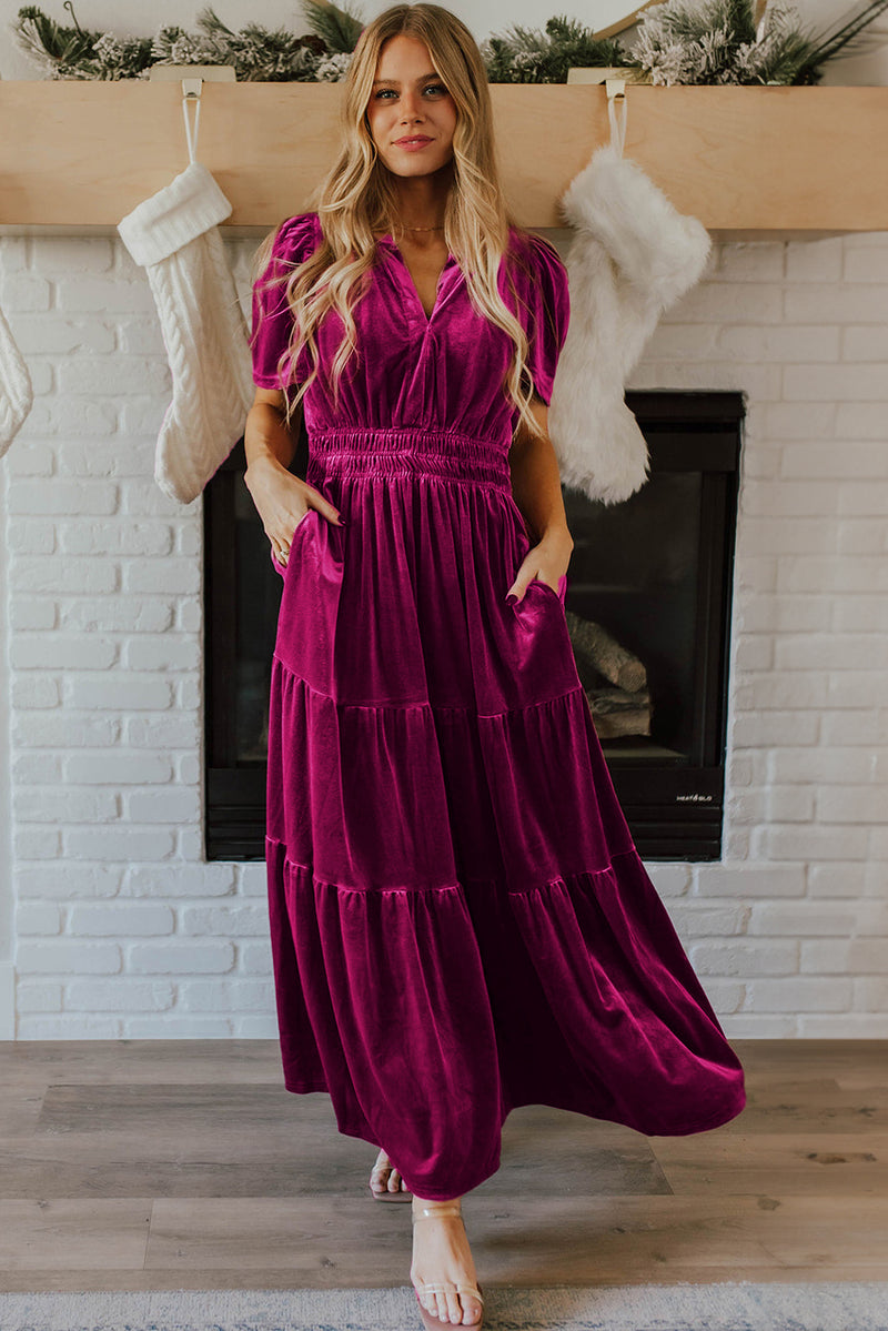 KaleaBoutique Velvet Short Sleeve Shirred Waist Tiered Maxi Dress - KaleaBoutique.com