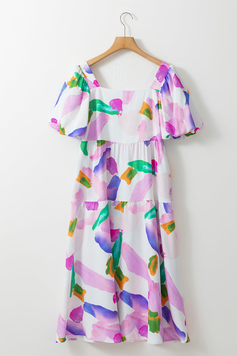 KaleaBoutique Abstract Print Puff Sleeve Smocked Back Midi Dress - KaleaBoutique.com