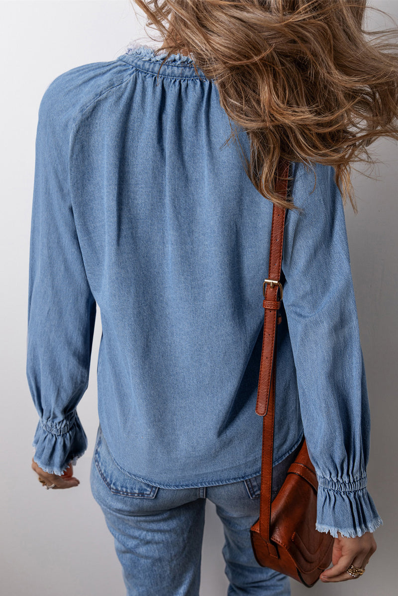 KaleaBoutique Frilled Raw Hem Half Buttoned Denim Top - KaleaBoutique.com