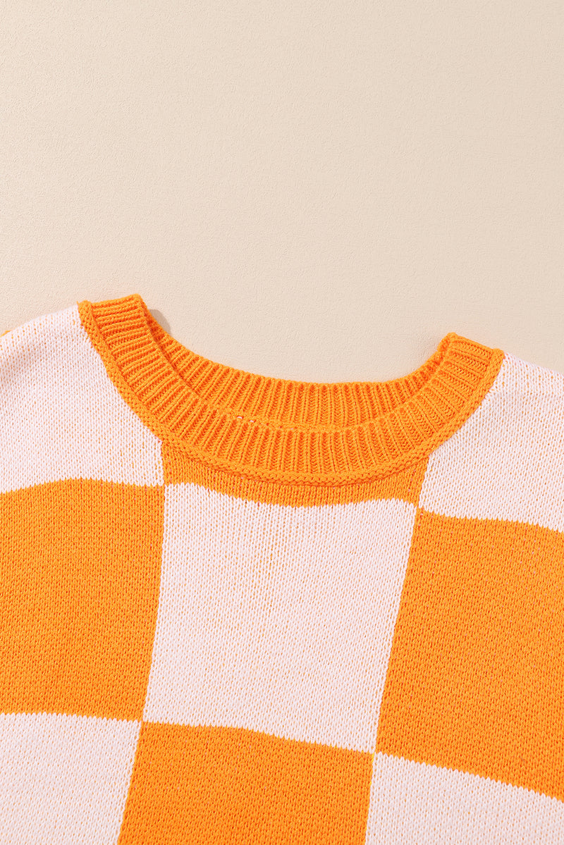 KaleaBoutique Orange Checkered Bishop Sleeve Sweater - KaleaBoutique.com