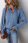 KaleaBoutique Frilled Raw Hem Half Buttoned Denim Top - KaleaBoutique.com