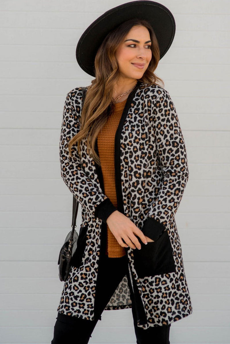 Leopard Patched Pocket Open Front Cardigan - KaleaBoutique.com