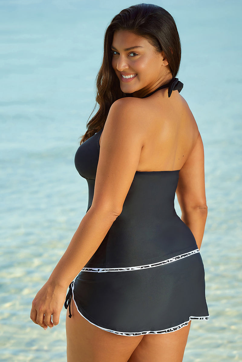 KaleaBoutique Stylish Contrasting Trim Royal Blue Halter Tankini Top with Swimsuit Skirt Tankini Set - KaleaBoutique.com