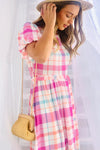 KaleaBoutique Checkered Puff Sleeve Belted Midi Dress - KaleaBoutique.com