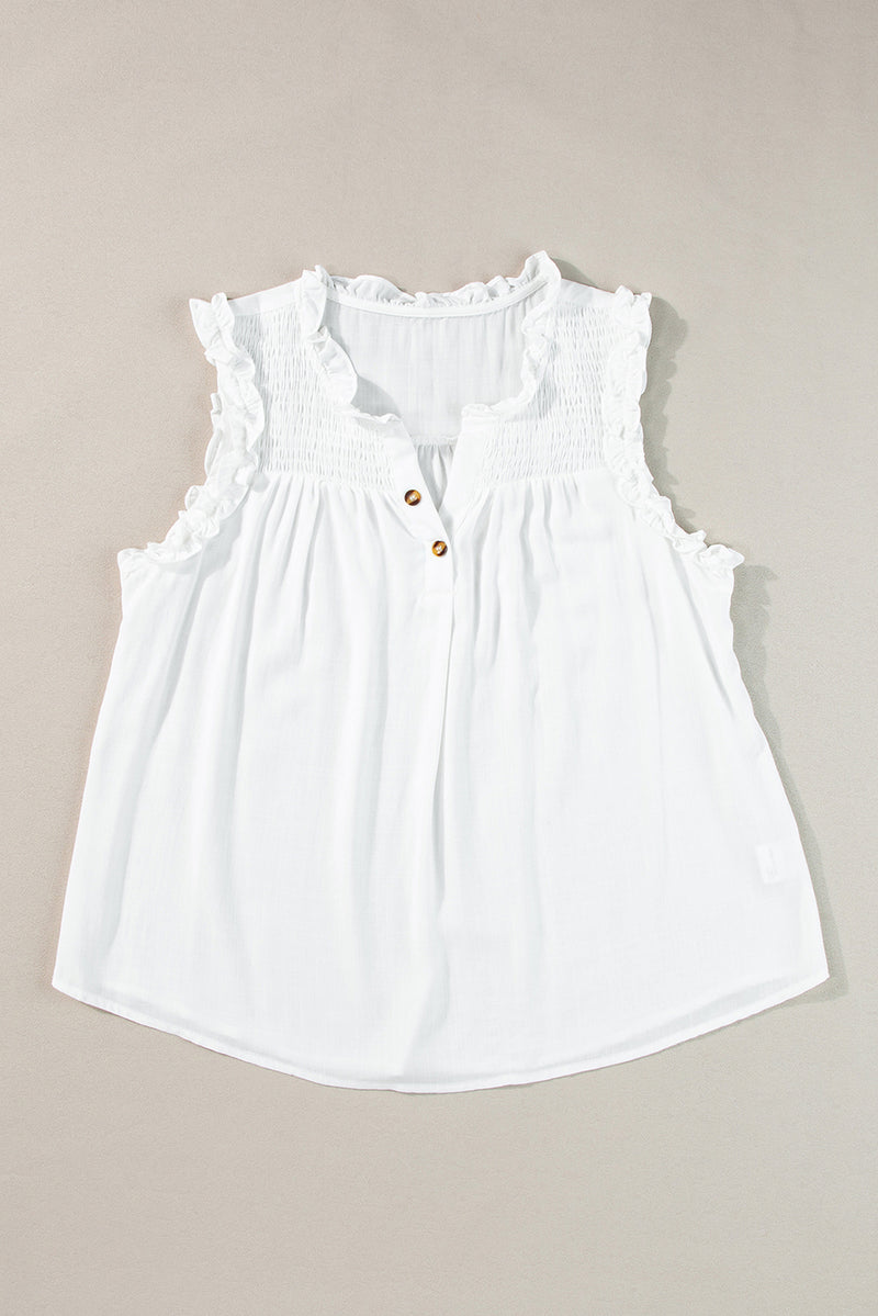 Button Split Neck Ruffled Trim Tank Top - KaleaBoutique.com