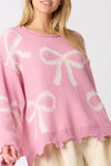 KaleaBoutique Pearl Beaded Bowknot Pattern Distressed Split Hem Sweater - KaleaBoutique.com