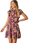 KaleaBoutique Floral Print Ruched Flutter Sleeve Frilled Neck Mini Dress - KaleaBoutique.com