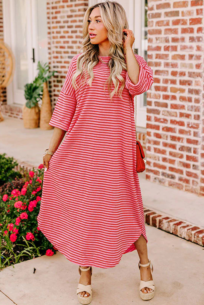 Striped 3/4 Sleeve Round Hem Shift T Shirt Dress - KaleaBoutique.com