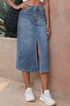 KaleaBoutique 4 Patch Pockets Front Slit Midi Denim Skirt - KaleaBoutique.com