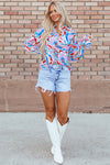 KaleaBoutique Stylish Abstract Print Frilly Neck Ruffled Sleeve Blouse - KaleaBoutique.com